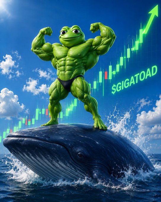 A muscular cartoon frog flexes atop a breaching whale, with a green candlestick chart showing a strong upward trend and the text "$GIGATOAD" alongside it. The meme visually reinforces the post's bullish hype, symbolizing "hopping to the moon" as the frog's strength and the rising chart suggest imminent price gains toward the projected $5 million target.