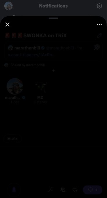 A dark-mode mobile app screenshot showing a Notifications panel with a Twitter/X post from 'marathonbill' displaying the text '$WONKA on TRiX'.