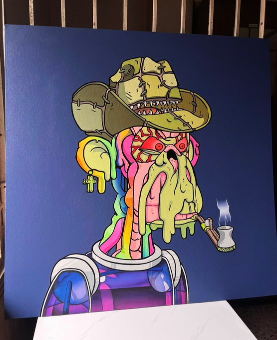 A colorful graffiti-style painting on a blue canvas depicting a character with a green dripping face, red eyes, a cowboy hat, and a smoking cigarette.