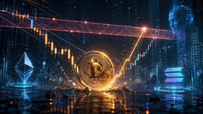 A digital artwork depicting a glowing golden Bitcoin in a futuristic cyberpunk city setting with neon chart lines, candlestick graphs, Ethereum and Solana logos, and a holographic face in the background.