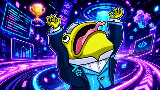 Vibrant digital artwork of a green frog character in a suit with arms raised triumphantly, surrounded by neon purple and blue cyberpunk elements, a trophy, and code screens.
