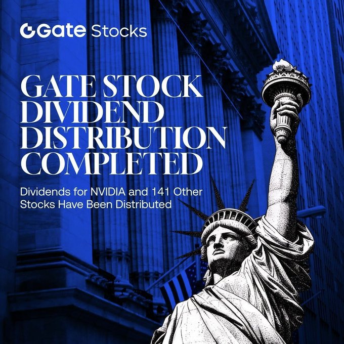 Gate Stocks announces the completed distribution of dividends for NVIDIA and 141 other stocks, featuring the Statue of Liberty overlaid on Wall Street imagery to symbolize U.S. equity access, with the post elaborating that eligible cash dividends are automatically credited in USDT.