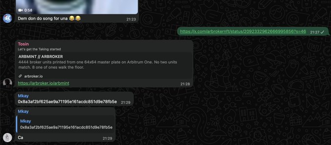A screenshot of a WhatsApp chat conversation in a dark-themed interface with various messages and a link to arbroker.io.