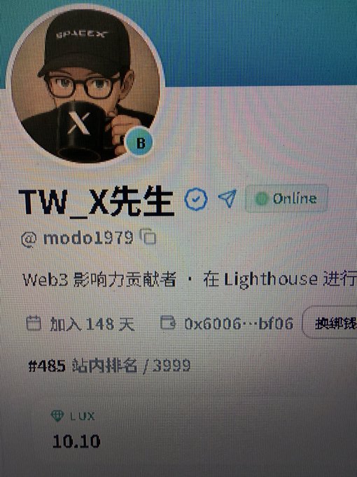 A social media profile for user 'TW_X先生' (@modo1979) wearing a SpaceX cap, showing 'Online' status and 148 days joined, with a Lighthouse Web3 influence badge.
