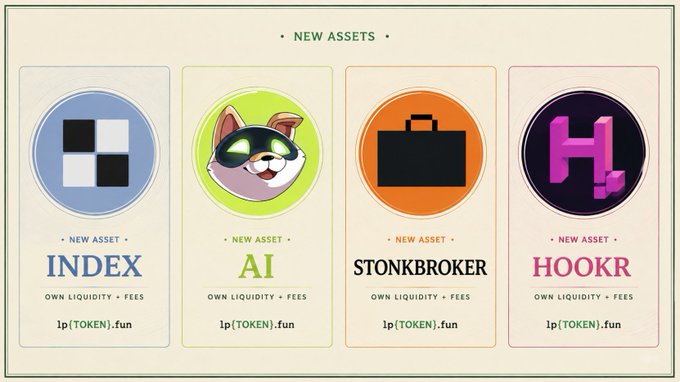 A 'NEW ASSETS' showcase displaying four token icons: INDEX (blue), AI with a cat wearing VR goggles (green), STONKBROKER with a briefcase (orange), and HOOKR with pink logo (purple), all labeled 'OWN LIQUIDITY • FEES' with 'lp(TOKEN).fun' branding.
