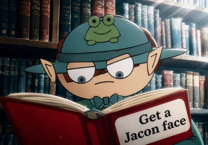 A cartoon character with a blue cap featuring a frog emblem reads a red book titled "Get a Jacon face" in a library setting with bookshelves in the background.
