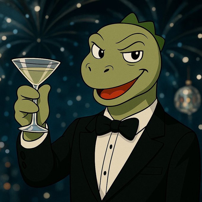 A cartoon illustration of a green dinosaur wearing a tuxedo and bow tie, holding a martini glass against a festive background with fireworks.