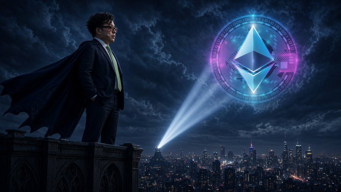 A stylized image of a man in a suit and cape standing on a rooftop at night, looking at a glowing blue Ethereum cryptocurrency symbol projected over a city skyline.