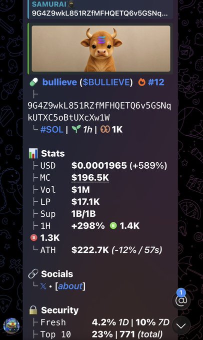 The image features a phone screen displaying an account page for a cryptocurrency called Bullie. On this page, there is a profile picture of a bull with horns, along with information about the cryptocurrency's details. The text on the screen reads "#BULLIEVE CA 9G4Z9wkL851RZfMFHQETQ6v5GSNqkUTXC5oBtUXcXw1W #ETH #memecoin #memecoin1000x". Based on this information, it appears that the user has a personal account related to Bullie and its cryptocurrency.