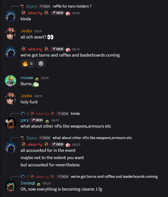 A Discord chat log where users discuss an OCH event with burns, raffles, and leaderboards, including confirmation that NFTs like weapons and armours are accounted for.
