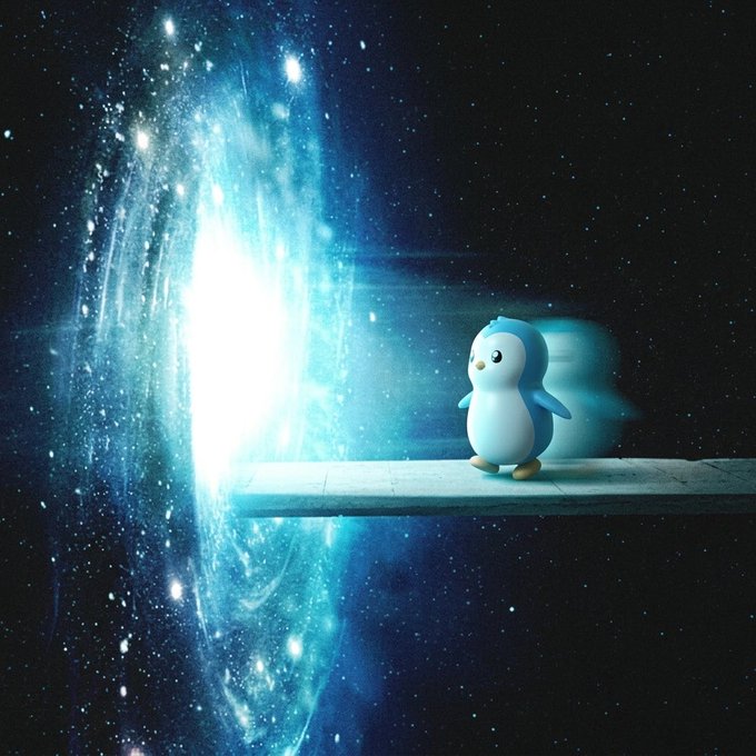 A cute blue penguin mascot stands on a plank overlooking a glowing cosmic portal against a starry galaxy backdrop, visually representing the $PENGU token recommendation by blending its adorable character imagery with the "bull run" (bullish market) theme.