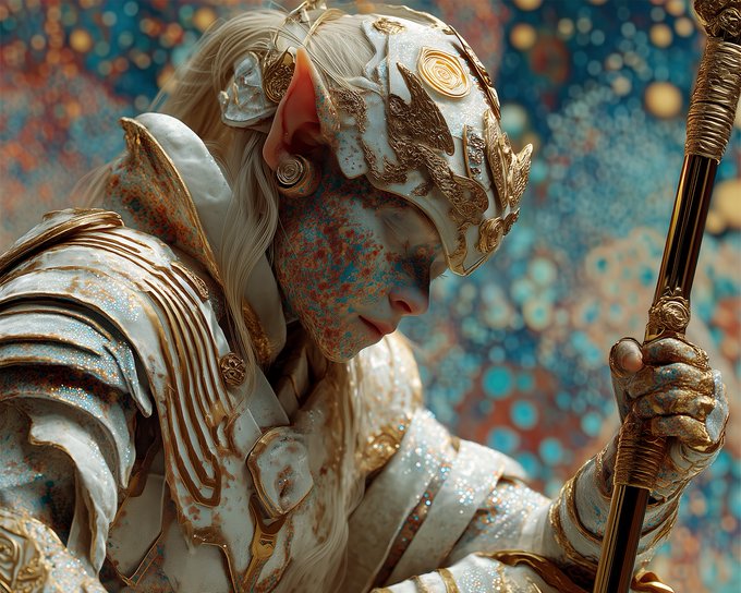 A detailed fantasy portrait shows an elf-like warrior with pointed ears, white hair, and textured white and gold armor, wearing an ornate face mask and holding a golden staff against a sparkling background.