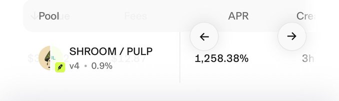 A user interface snippet displays a liquidity pool named 'SHROOM / PULP' (version 4) with a green leaf icon, showing an APR of '1,258.38%'.
