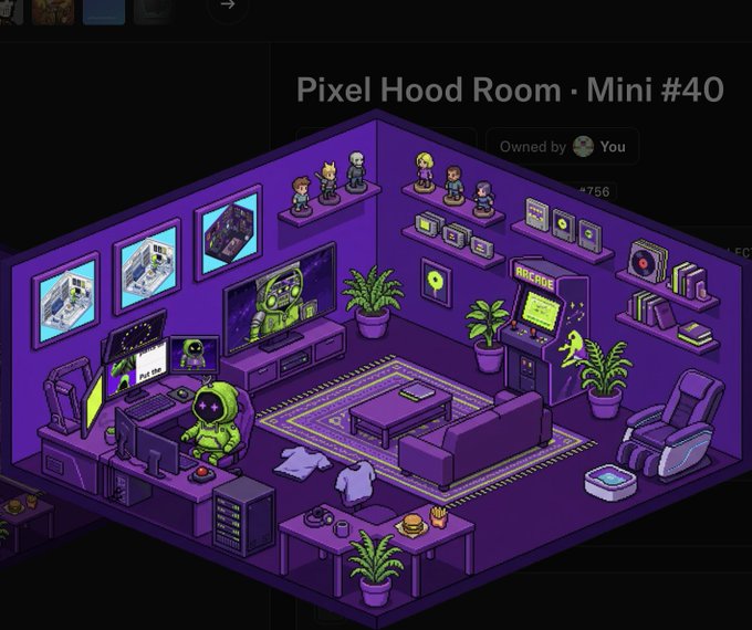 A pixel-art isometric room titled 'Pixel Hood Room · Mini #40' labeled 'Owned by You,' decorated in purple with gaming setups, shelves of figures, an arcade machine, and an alien character.