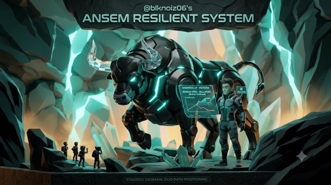 Digital artwork titled '@blknolz06's ANSEM RESILIENT SYSTEM' depicting a cybernetic bull with glowing teal accents alongside a person holding a holographic display, set in a crystalline cave environment.