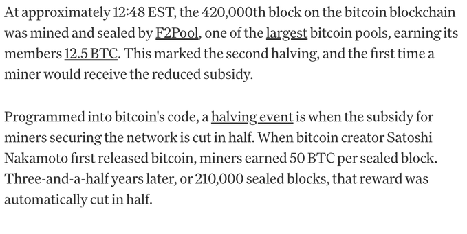 This text describes the Bitcoin blockchain's second halving event on July 9, 2016, when the block reward was reduced to 12.5 BTC by F2Pool. This event is a halving, where the reward for miners is cut in half.
