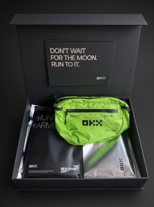 An OKX branded unboxing features a black box with a card reading "DON'T WAIT FOR THE MOON. RUN TO IT." alongside a neon green running belt labeled "OKX VERIFIED SECURED."