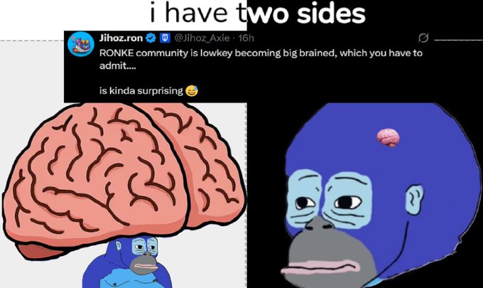 A meme titled 'i have two sides' showing a tweet by 'Jihoz.ron' about the RONKE community, juxtaposed with two illustrations: a normal brain and a large, small-brained blue ape head.