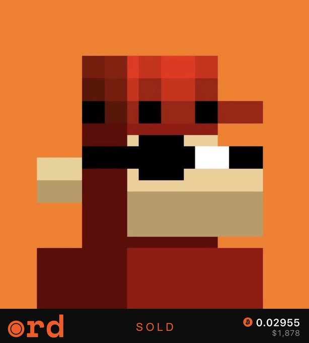 A pixel art NFT of a Mario-like character displayed on the Ord marketplace, marked SOLD for 0.02955 ETH (~$1,878).