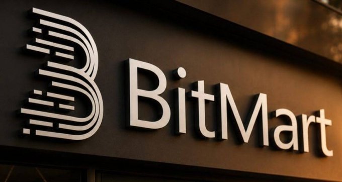 The BitMart cryptocurrency exchange logo is displayed on a dark wall with metallic lettering.