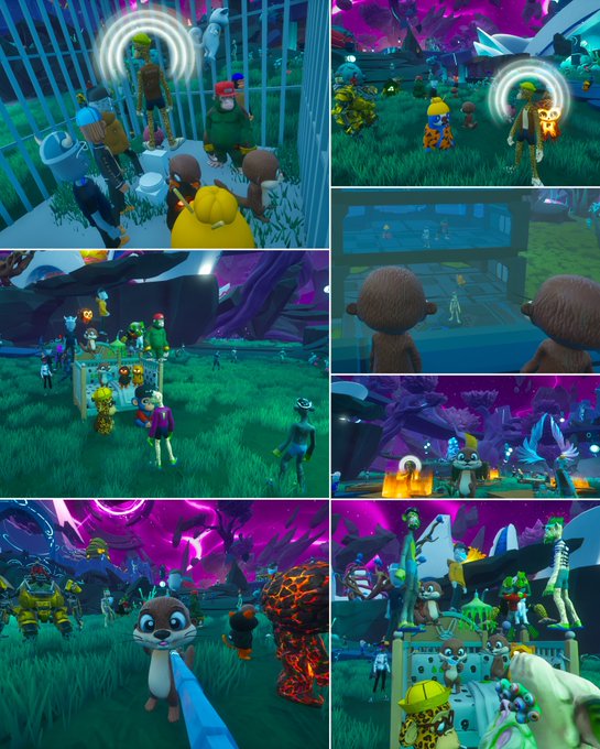A collage of screenshots from a colorful multiplayer video game featuring various cartoonish characters, avatars, and environments including a cage, graveyard, and vibrant alien landscapes.