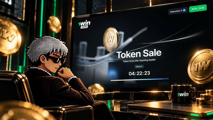 A pixel art character watches a '1win TOKEN Token Sale' screen showing a countdown timer of 04:22:23, surrounded by gold coins and a '1win' branded mug.