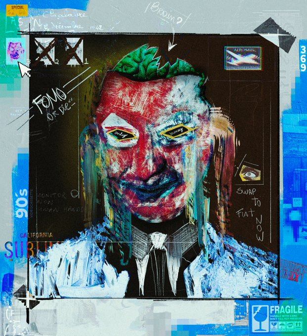 An expressive, chaotic mixed-media portrait painting of a man with green hair and intense eyes, surrounded by collage elements, graffiti-like text, and urban textures.