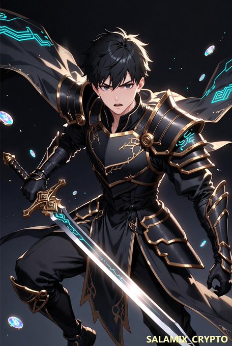 An anime-style illustration of a dark-haired male warrior in black and gold armor wielding a sword, with "SALAMYX_CRYPTO" watermarked in the corner.