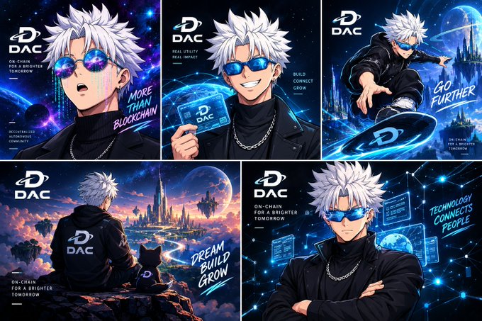 A collage of five anime-style promotional images for "DAC" featuring a white-haired male character in sunglasses and black clothing with cosmic backgrounds, displaying slogans like "MORE THAN BLOCKCHAIN," "BUILD CONNECT GROW," and "GO FURTHER."