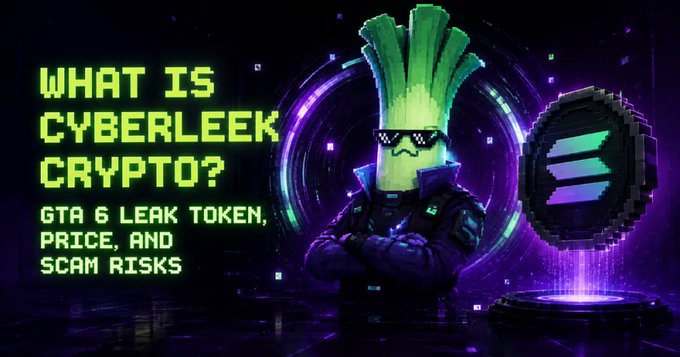 A pixel art leek wearing sunglasses and a cyber jacket stands next to a Solana logo against a purple neon background, with text reading "WHAT IS CYBERLEEK CRYPTO? GTA 6 LEAK TOKEN, PRICE, AND SCAM RISKS," illustrating the meme coin's post-hype decline from its $25M peak to $3.8M market cap.