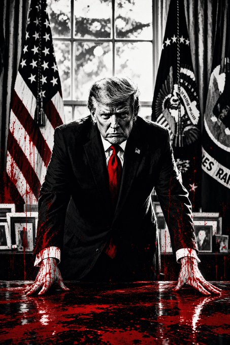A stark, stylized black-and-white image shows a man resembling Donald Trump in a dark suit and red tie, leaning forward with blood-covered hands pressed onto a desk, with American and presidential flags behind him. The accompanying post suggests this grim imagery symbolizes America's aggressive debt and currency strategies, urging viewers to invest in $MSTR or $BTC as protection.
