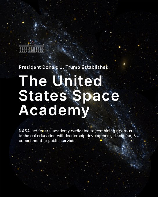 A cosmic-themed announcement graphic states "President Donald J. Trump Establishes The United States Space Academy," describing it as a "NASA-led federal academy dedicated to combining rigorous technical education with leadership development, discipline, & commitment to public service," set against a backdrop of a star-filled galaxy with the White House logo. The image ties to $SPCX, suggesting a bullish connection between the new space academy initiative and the SpaceX-related ticker.