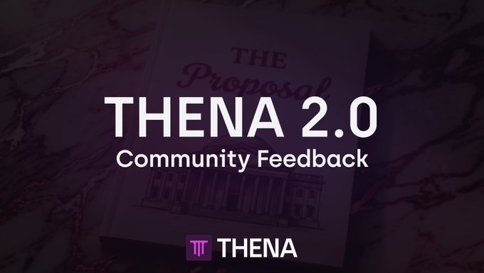 A dark purple graphic displays the text 'THENA 2.0 Community Feedback' and a 'THENA' logo over a faded background image titled 'The Proposal'.