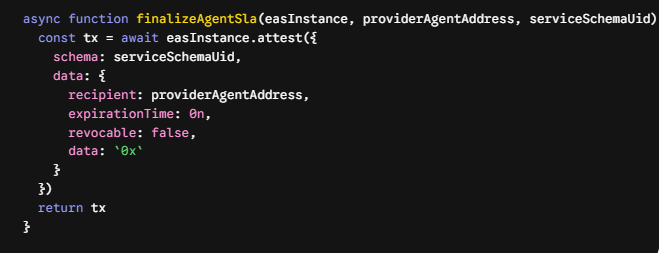 JavaScript code snippet defining an async function 'finalizeAgentSla' that calls easInstance.attest with parameters including schema, recipient, expirationTime, and revocable fields.