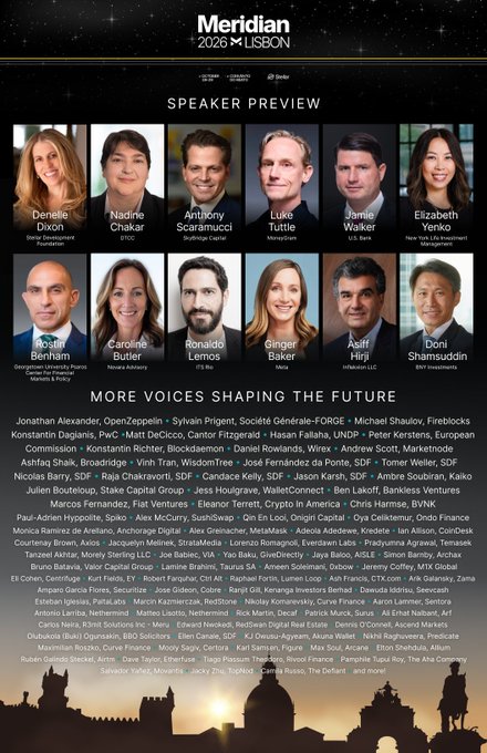 This is a promotional speaker preview poster for Meridian 2026 Lisbon, featuring headshots of 12 featured speakers including Denelle Dixon (Stellar Development Foundation), Nadine Chakar (DTCC), Anthony Scaramucci (SkyBridge Capital), Luke Tuttle (Auros), Jamie Walker (ICE .Black), Elizabeth Yeriko (BNY Investments), Jamie Benham (Georgetown University Punto MaSSIAA, Vesuvius & Policy), Caroline Butler (Novaa Advisory), Ronaldo Lemos (ITS Rio), Ginger Baker (Masa), Adit Hirji (Inflectionx LLC), and Doni Shamsuddin (BNY Investments), below which is a lengthy "more voices shaping the future" list and the event dates of October 28-29 in Lisbon, Portugal.