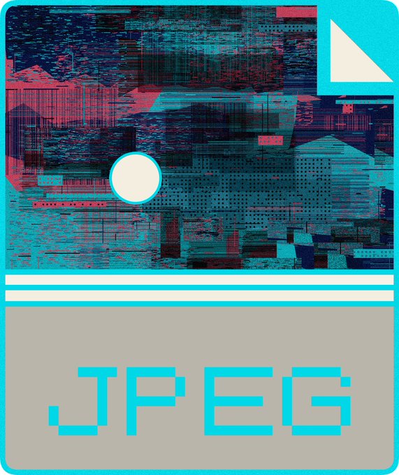 A pixelated JPEG file icon with a glitchy, corrupted image preview in cyan and dark blue tones, labeled 'JPEG' below.