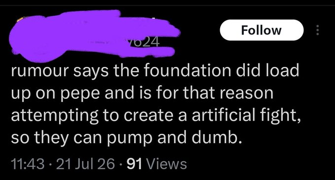 Screenshot of a social media post with a purple-redacted profile, reading: 'rumour says the foundation did load up on pepe and is for that reason attempting to create a artificial fight, so they can pump and dumb.' timestamped 11:43, 21 Jul 26, 91 Views.