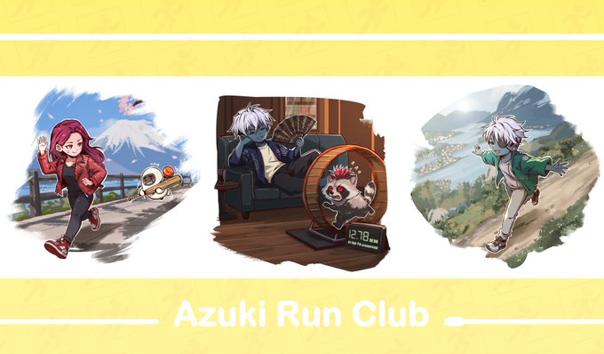 A promotional graphic for "Azuki Run Club" featuring three anime-style character illustrations against backgrounds of Mt. Fuji, a Japanese-style room with a dog on a running wheel, and a lakeside town.