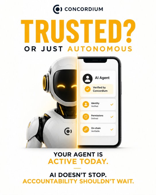 An advertisement for Concordium featuring a robot and smartphone graphic asking 'TRUSTED? OR JUST AUTONOMOUS' with messaging about AI agent verification and accountability.