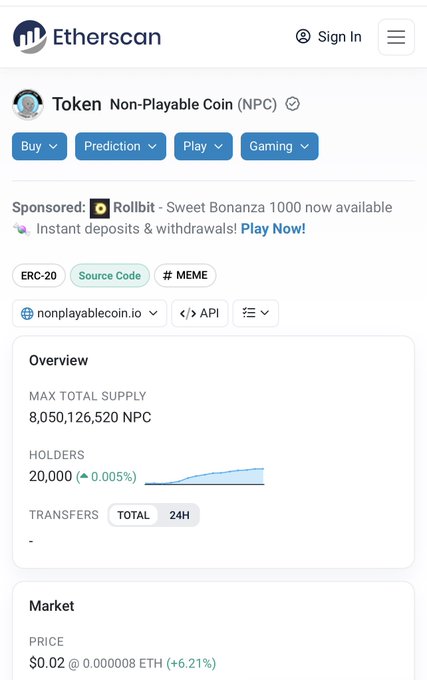 An Etherscan page screenshot for a cryptocurrency called "Token Non-Playable Coin (NPC)", showing it is an ERC-20 token with a max total supply of 8,050,126,520 NPC, approximately 20,000 holders, and a market price of $0.02.
