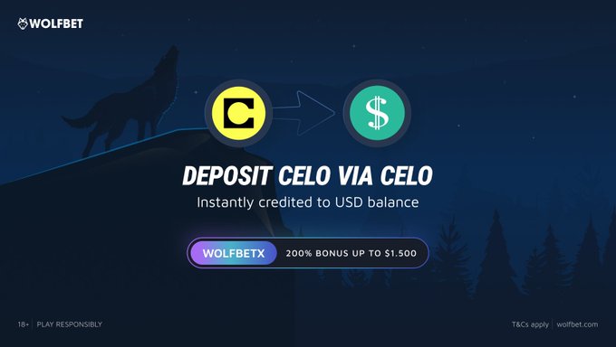 A promotional banner for Wolfbet featuring a howling wolf silhouette against a night sky, advertising 'DEPOSIT CELO VIA CELO instantly credited to USD balance' with a '200% BONUS UP TO $1,500' offer.