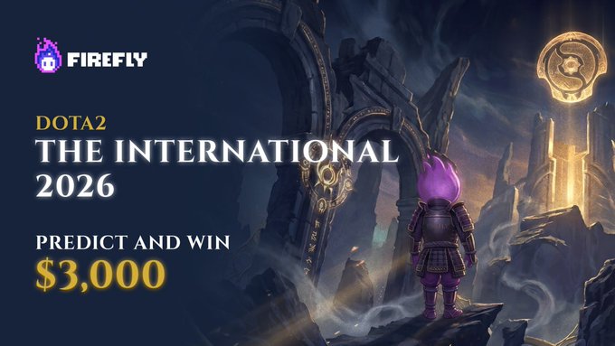 Firefly promotional banner for DOTA2 'The International 2026' prediction contest offering $3,000 prize, featuring a purple flame-headed armored character before an ancient gate.