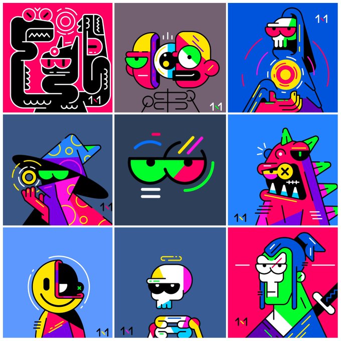A 3x3 grid of vibrant, cartoon-style character illustrations in neon pink, green, blue, and yellow, with each panel marked "1/1" and featuring whimsical creatures like a wizard, smiley face, skull, and monster, accompanying the announcement that the mint is now live.