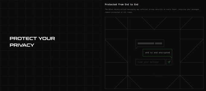 A promotional graphic with the text 'PROTECT YOUR PRIVACY' on the left, and on the right, a messaging interface mockup showing an 'end-to-end encrypted' message under the heading 'Protected From End to End'.