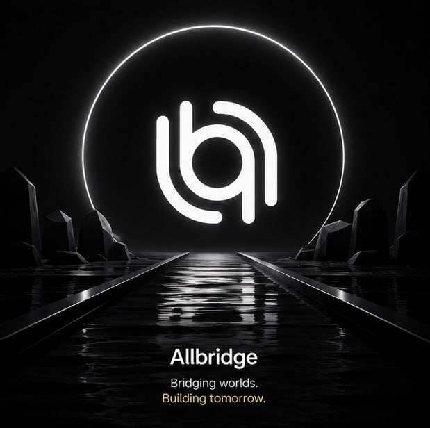 A sleek dark promotional graphic for Allbridge displaying its logo within a glowing circular frame above a reflective pathway, with the tagline 'Bridging worlds. Building tomorrow.'