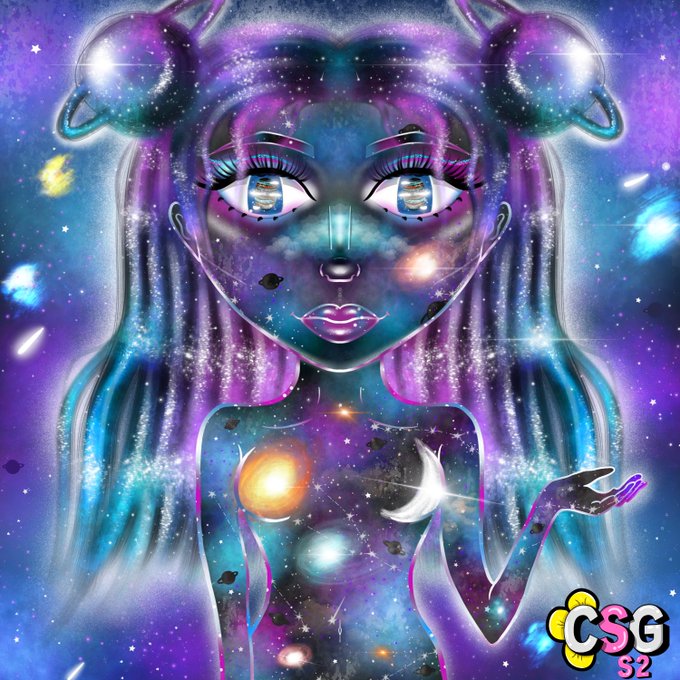 Colorful psychedelic digital artwork of a girl/celestial figure with galaxy-filled body and eyes, branded with "CSG 52" logo.