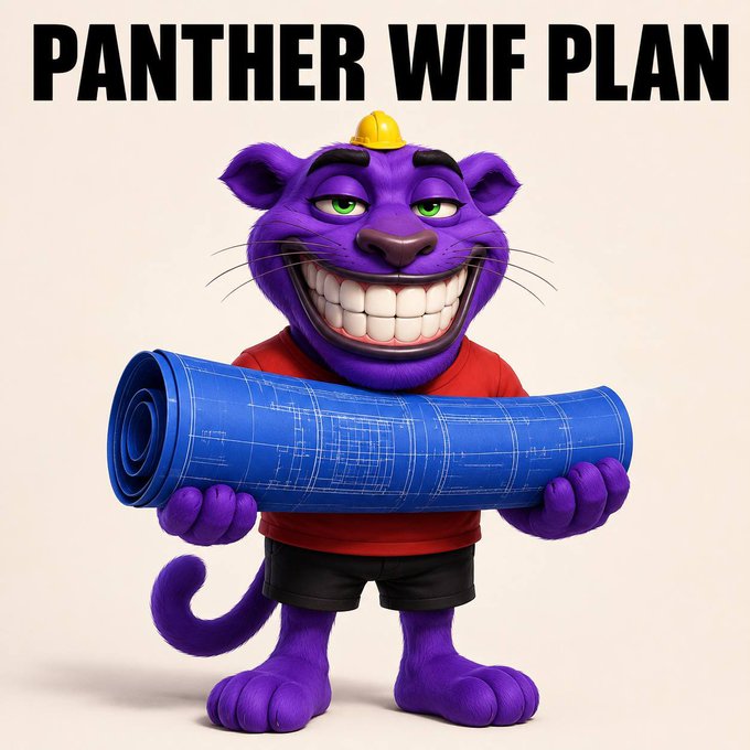 A 3D-rendered purple panther character wearing a hard hat and red shirt, holding a rolled-up blueprint, with the text 'PANTHER WIF PLAN' at the top.