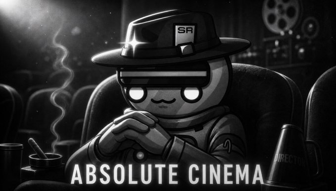 The image features a cartoon character wearing a hat with the letters "SR" written on it. The character appears to be sitting at a table or desk, possibly enjoying a cup of coffee. In the background, there are several movie posters visible, suggesting that this scene takes place in an entertainment setting like a movie theater or a café.