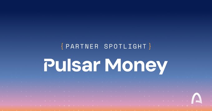A title card reading '{PARTNER SPOTLIGHT} Pulsar Money' set against a gradient blue and orange background with dot patterns.
