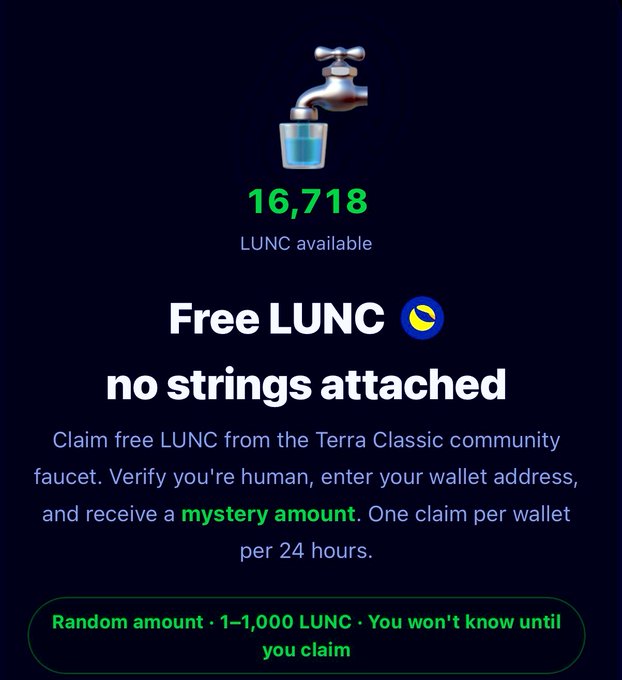 A promotional graphic for a free LUNC faucet showing a faucet emoji, '16,718 LUNC available,' with text reading 'Free LUNC no strings attached' and noting that users can claim a mystery amount of 1–1,000 LUNC once per 24 hours.